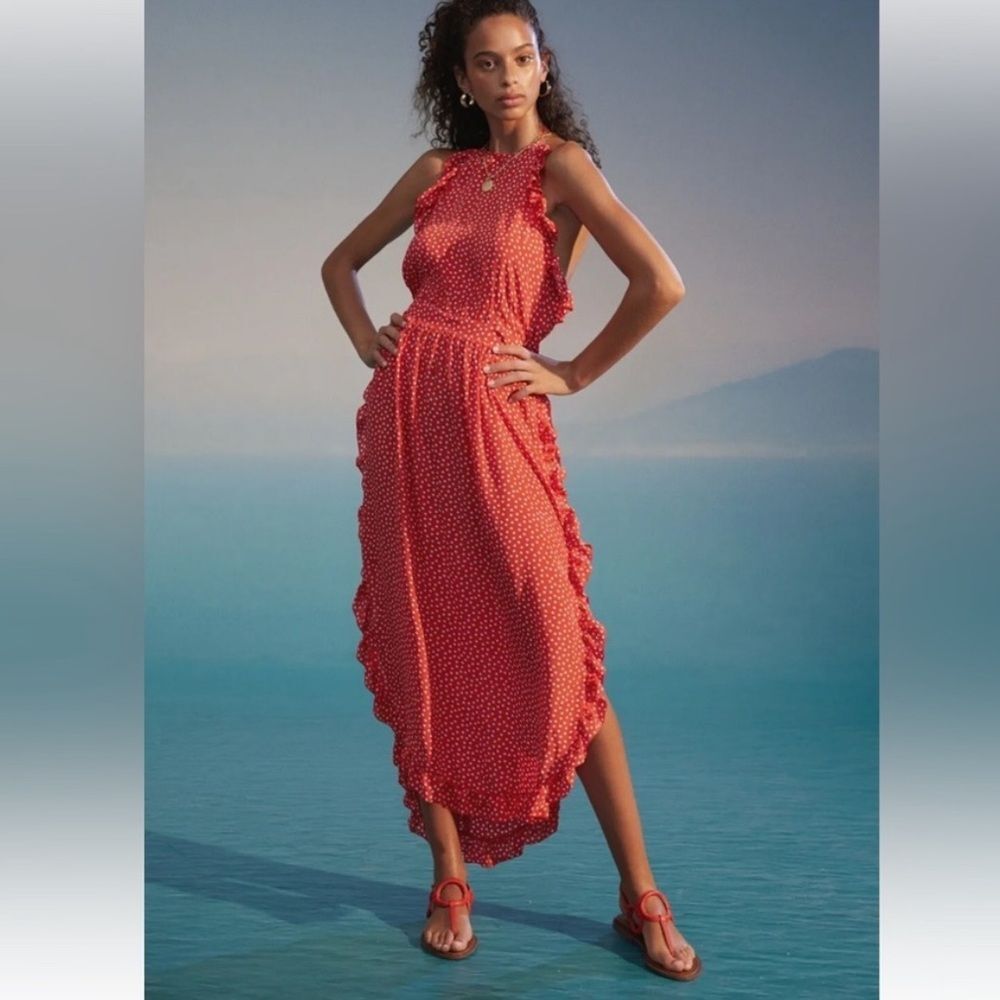 See By Chloé Coral Red Polka-Dot Ruffle Midi Dress